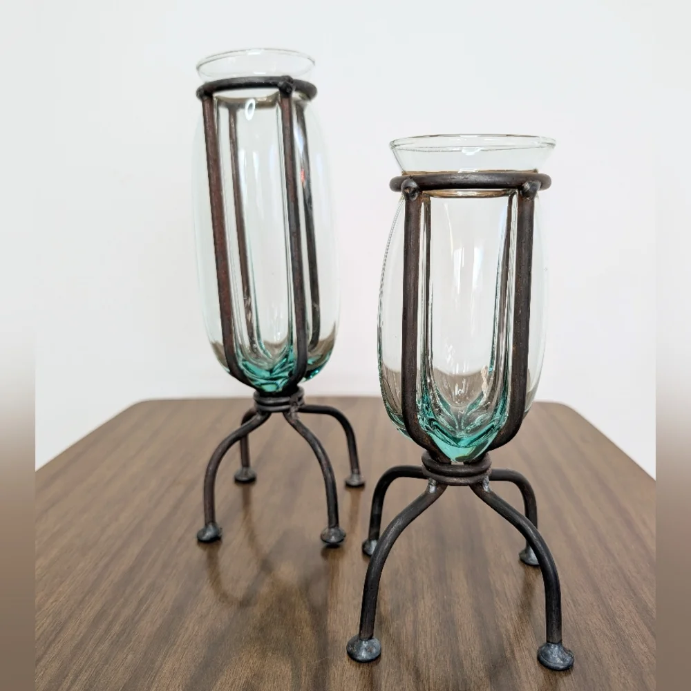 Pair Of Blown Caged Glass & Wrought Iron Metal Footed Vases Industrial Brutalist